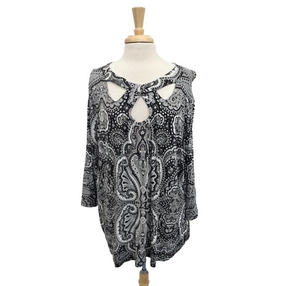 INC International Concepts Black White Paisley Cutout Keyhole 3/4 Sleeve Blouse - Picture 1 of 13